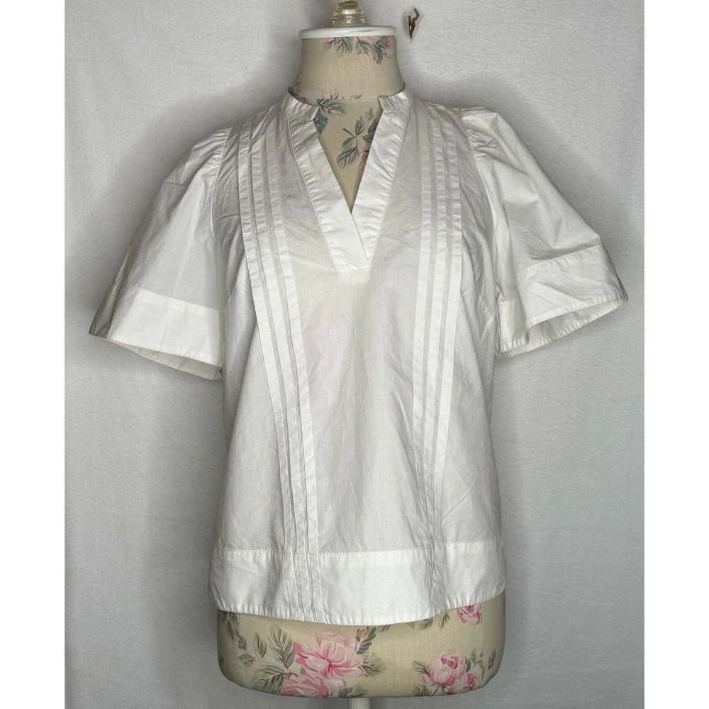 Anthropologie White Cotton Pintuck Puff Sleeve Blouse Top Size 2 Coastal NWT